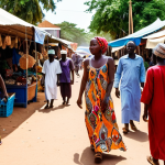 **A woman dressed modestly in a lightweight maxi dress, walking through a vibrant local market in The Gambia, interacting respectfully with local vendors, showcasing the importance of cultural sensitivity.**