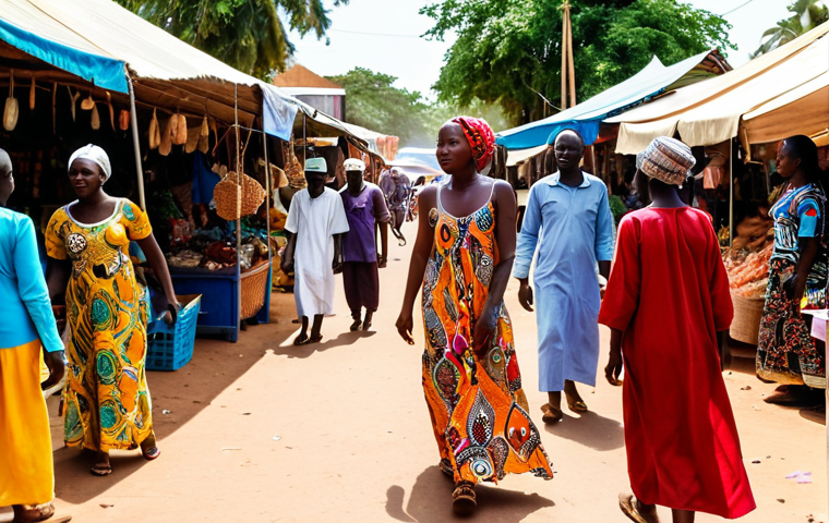 **A woman dressed modestly in a lightweight maxi dress, walking through a vibrant local market in The Gambia, interacting respectfully with local vendors, showcasing the importance of cultural sensitivity.**