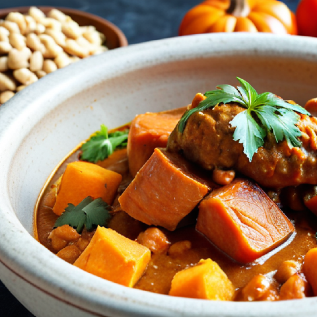 **A vibrant and appetizing close-up shot of Domoda in a rustic bowl.** Focus on the rich colors of the groundnut sauce, vegetables (sweet potatoes, pumpkin, tomatoes), and a piece of smoked fish or meat. The goal is to convey the stew's rich, nutty, and savory character.