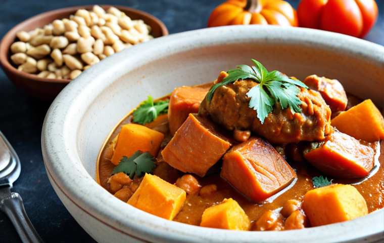 **A vibrant and appetizing close-up shot of Domoda in a rustic bowl.** Focus on the rich colors of the groundnut sauce, vegetables (sweet potatoes, pumpkin, tomatoes), and a piece of smoked fish or meat. The goal is to convey the stew's rich, nutty, and savory character.