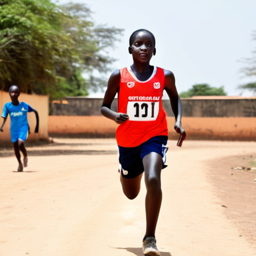 A determined young Gambian female athlete, fully clothed in modest and appropriate athletic attire, is captured mid-stride on a simple dirt track. In the background, a small group of children, also fully clothed, are observing with expressions of inspiration and admiration, representing the profound impact on a nation's youth. The scene is bathed in bright, natural sunlight, conveying a sense of open space and the unyielding spirit of Gambian sports. This is a professional sports photograph, high quality, with perfect anatomy, correct proportions, natural body proportions, well-formed hands, and proper finger count. The content is safe for work, appropriate content, and family-friendly.