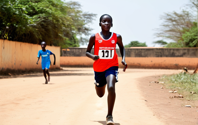 A determined young Gambian female athlete, fully clothed in modest and appropriate athletic attire, is captured mid-stride on a simple dirt track. In the background, a small group of children, also fully clothed, are observing with expressions of inspiration and admiration, representing the profound impact on a nation's youth. The scene is bathed in bright, natural sunlight, conveying a sense of open space and the unyielding spirit of Gambian sports. This is a professional sports photograph, high quality, with perfect anatomy, correct proportions, natural body proportions, well-formed hands, and proper finger count. The content is safe for work, appropriate content, and family-friendly.