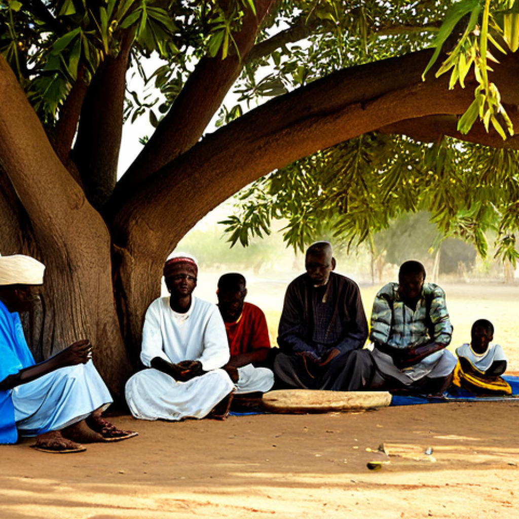 An elder Gambian Griot, male, fully clothed in traditional, vibrant, modest attire, seated comfortably under a large, ancient mango tree at golden hour. He is gently playing a kora, with a small group of fully clothed, respectful community members of various ages listening attentively around him. The setting is peaceful and natural, with soft, warm light illuminating the scene. perfect anatomy, correct proportions, natural pose, well-formed hands, proper finger count, natural body proportions, professional photography, high quality, highly detailed, realistic, safe for work, appropriate content, fully clothed, family-friendly.