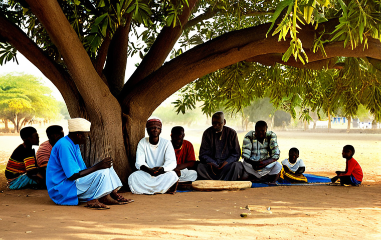 An elder Gambian Griot, male, fully clothed in traditional, vibrant, modest attire, seated comfortably under a large, ancient mango tree at golden hour. He is gently playing a kora, with a small group of fully clothed, respectful community members of various ages listening attentively around him. The setting is peaceful and natural, with soft, warm light illuminating the scene. perfect anatomy, correct proportions, natural pose, well-formed hands, proper finger count, natural body proportions, professional photography, high quality, highly detailed, realistic, safe for work, appropriate content, fully clothed, family-friendly.