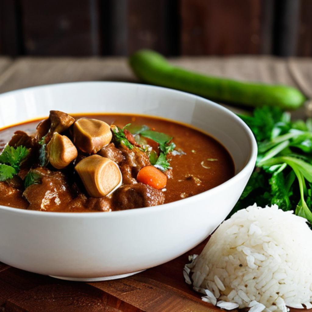 Domoda - A Hearty Peanut Stew**
"A bowl of Domoda, a Gambian peanut butter stew with beef and vegetables, served with white rice. The stew is rich and flavorful, showcasing the deep brown color of the peanut sauce. Garnish with fresh herbs. In the background, a warmly lit, rustic kitchen setting with traditional Gambian cooking utensils. safe for work, appropriate content, fully clothed, professional food photography, perfect anatomy, natural proportions, family-friendly."
**