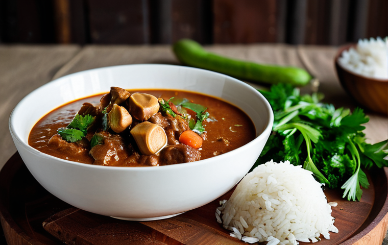 Domoda - A Hearty Peanut Stew**
"A bowl of Domoda, a Gambian peanut butter stew with beef and vegetables, served with white rice. The stew is rich and flavorful, showcasing the deep brown color of the peanut sauce. Garnish with fresh herbs. In the background, a warmly lit, rustic kitchen setting with traditional Gambian cooking utensils. safe for work, appropriate content, fully clothed, professional food photography, perfect anatomy, natural proportions, family-friendly."
**