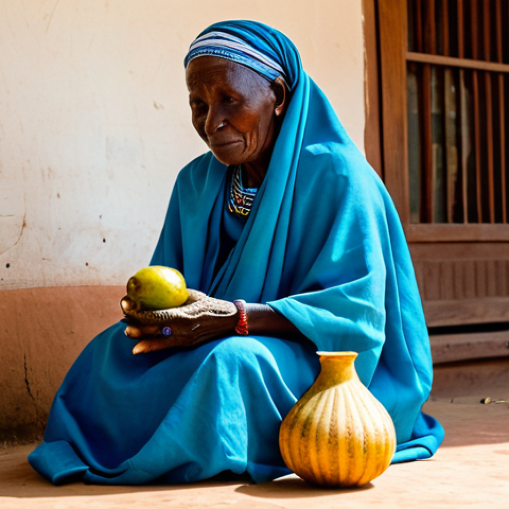 감비아 부족 신앙 - Ancestral Guidance**
"A wise, elderly Gambian woman in traditional, fully clothed attire, sits sere...
