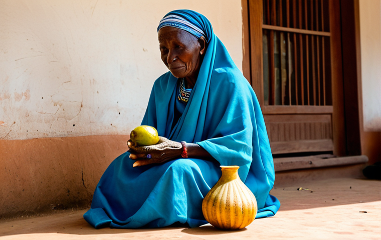 감비아 부족 신앙 - Ancestral Guidance**
"A wise, elderly Gambian woman in traditional, fully clothed attire, sits sere...