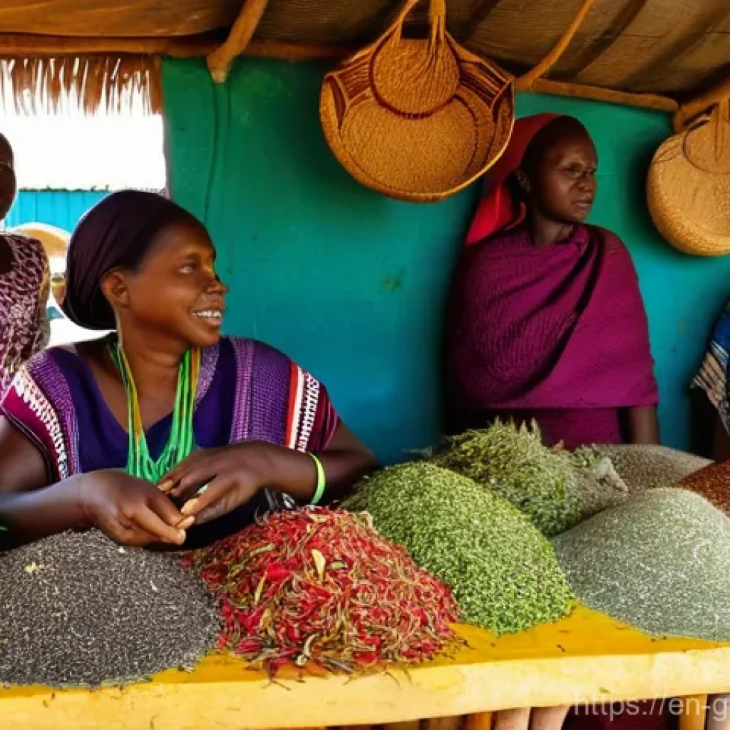 감비아 허브 의학 - A vibrant, bustling traditional Gambian market stall overflowing with an array of dried medicinal he...