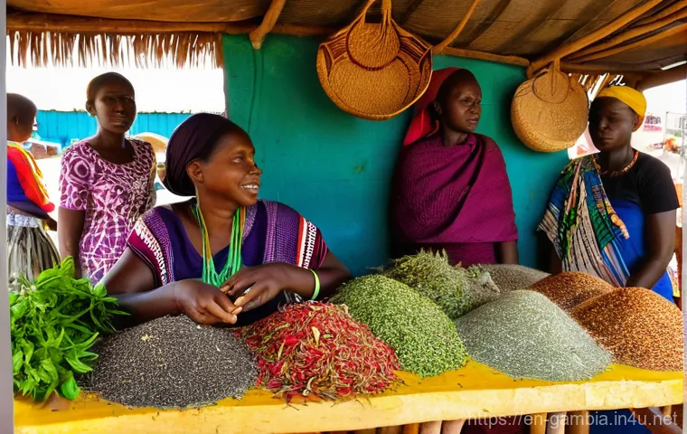감비아 허브 의학 - A vibrant, bustling traditional Gambian market stall overflowing with an array of dried medicinal he...