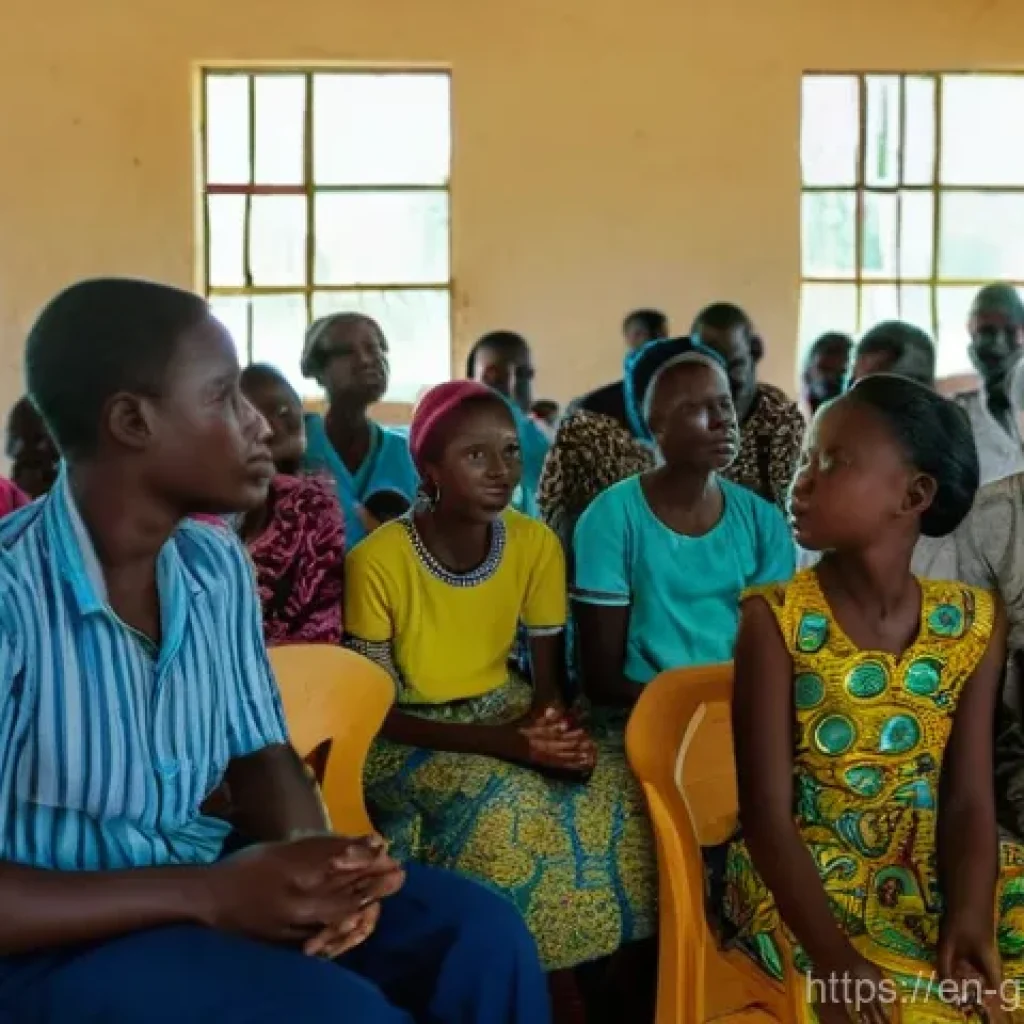 감비아 대통령 및 정치 상황 - A serene and hopeful scene depicting a diverse group of Gambian citizens gathered in a well-lit comm...