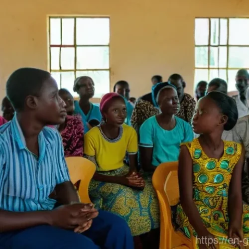 Home 27 감비아 대통령 및 정치 상황 - A serene and hopeful scene depicting a diverse group of Gambian citizens gathered in a well-lit comm...