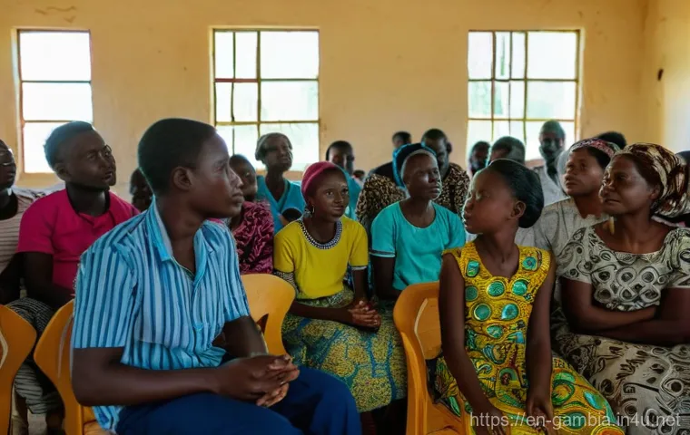 감비아 대통령 및 정치 상황 - A serene and hopeful scene depicting a diverse group of Gambian citizens gathered in a well-lit comm...