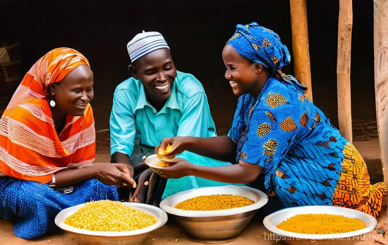 감비아에서의 지속 가능 관광 - **A Vibrant Gambian Craft Market and Culinary Scene:**
A bustling outdoor market in The Gambia, ...