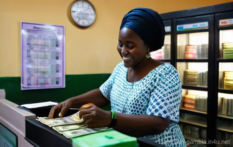 감비아 환전 시 유의사항 - **Prompt:** A friendly female traveler, dressed in modest, light summer clothing (t-shirt and long s...
