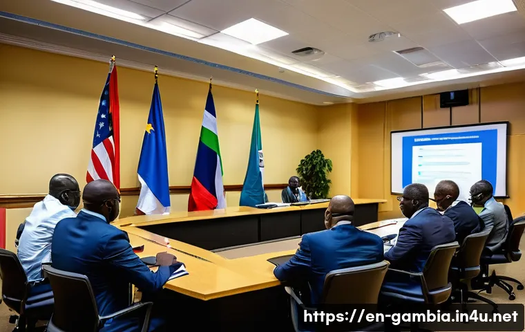 감비아와 미국 외교 정책 - A vibrant scene depicting a U.S.-Gambia collaborative democracy training workshop in a modern confer...