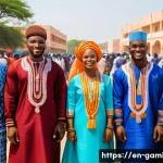 감비아 전통 의상 - A vibrant Gambian festival scene featuring men and women dressed in traditional attire: men wearing ...