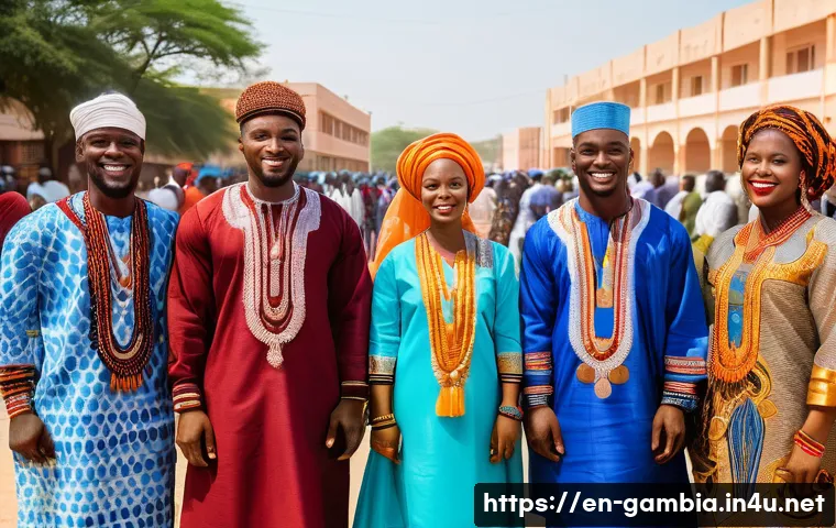 감비아 전통 의상 - A vibrant Gambian festival scene featuring men and women dressed in traditional attire: men wearing ...