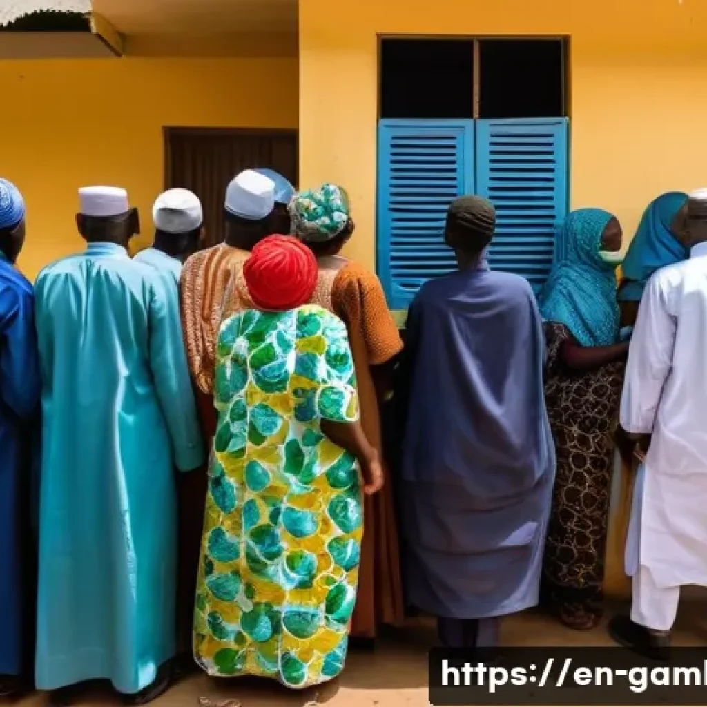 감비아 선거 제도 - A vibrant polling station scene in The Gambia on election day, showing diverse Gambian citizens stan...