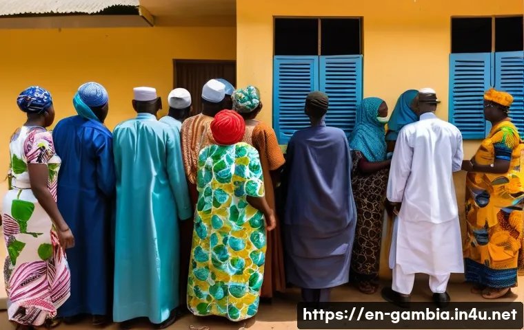 감비아 선거 제도 - A vibrant polling station scene in The Gambia on election day, showing diverse Gambian citizens stan...