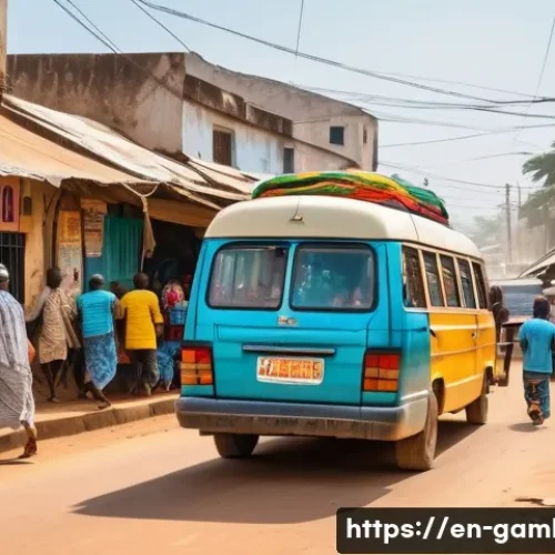 감비아 교통수단 및 대중교통 - A vibrant Gambian city street scene featuring a colorful minibus packed with passengers, bustling ma...