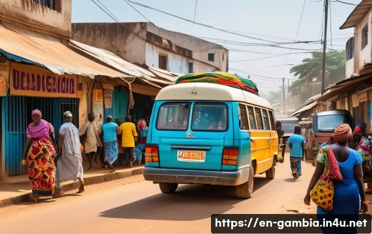 감비아 교통수단 및 대중교통 - A vibrant Gambian city street scene featuring a colorful minibus packed with passengers, bustling ma...