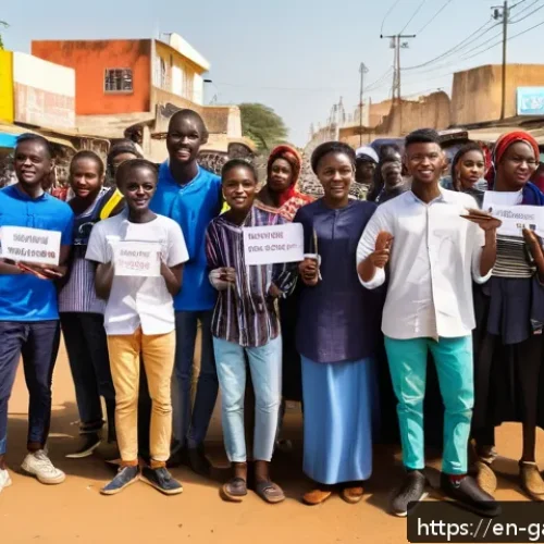 감비아 내전 및 분쟁 역사 - A vibrant street scene in The Gambia showing a diverse group of young activists wearing casual cloth...