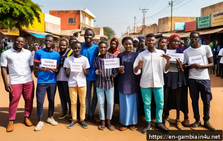 감비아 내전 및 분쟁 역사 - A vibrant street scene in The Gambia showing a diverse group of young activists wearing casual cloth...