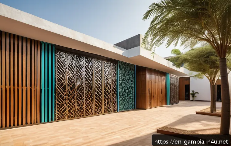 감비아 현대 건축 스타일 - A modern urban street scene in Gambia featuring sleek glass and steel buildings seamlessly integrate...