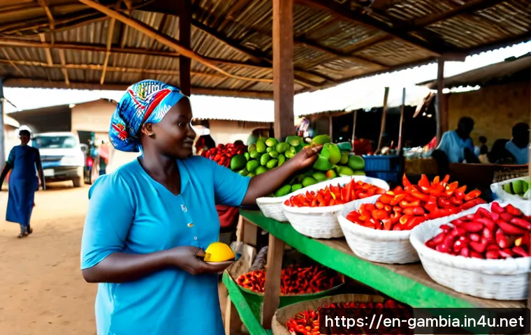 감비아 바칼롱 시장 탐방 - Photorealistic travel documentary scene inside Bakau’s bustling market in The Gambia, a friendly Wes...