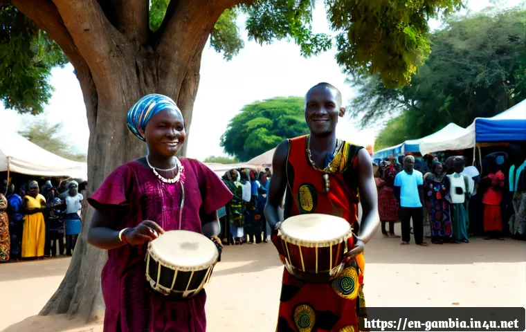 Home 17 감비아 길거리 공연 문화 - Photorealistic street performance in central Banjul, The Gambia, three West African drummers in vibr...