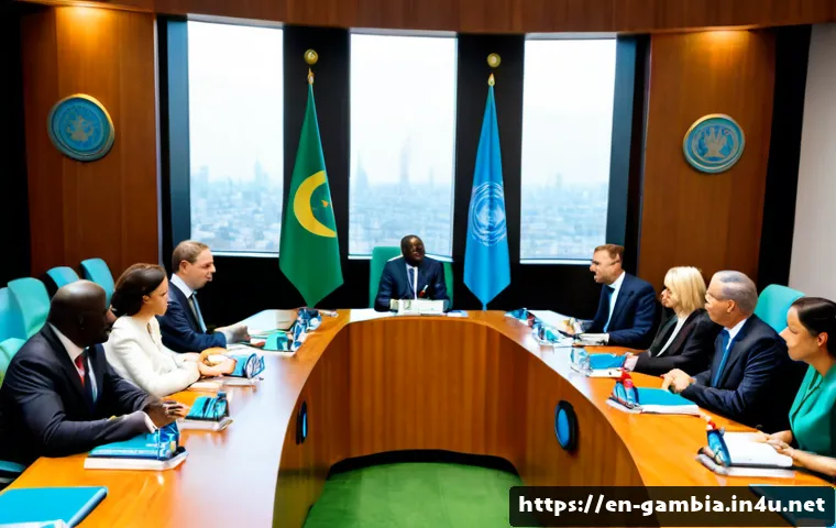 Home 17 감비아와 유엔 관계 - Photorealistic diplomatic meeting in a bright modern conference room, Gambian delegates in professio...